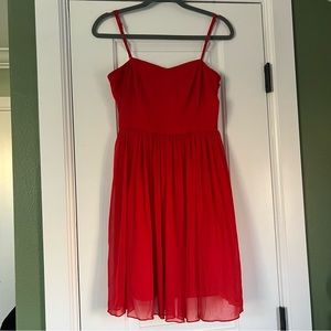 Red spaghetti strap dress with crinkle chiffon overlay